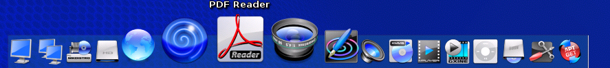 Engage, Dreamlinux's dock. The icons around the cursor are enlarged; one icon has a label.