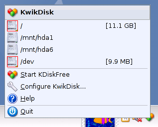 The menu of Kwikdisk. Within the menu is /, /mnt/hda1, /mnt/hda6, /dev and other commands for Kwikdisk.