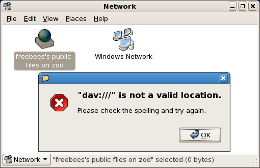Nautilus showing the error message dav:/// is not a valid location. Please check your spelling and try again.