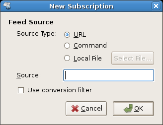 Adding a feed in Liferea