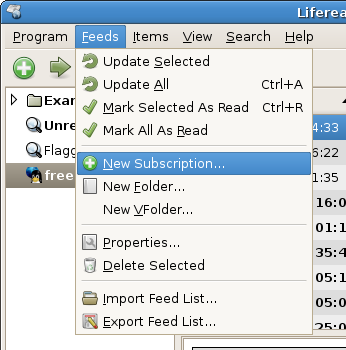 Adding a feed in Liferea through the menu